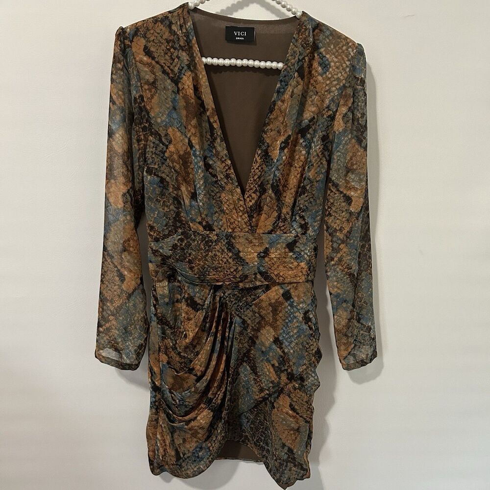 VICI Mini Dress Snake Print Long Sleeve Small Brown Asymmetric Sexy Club NYC